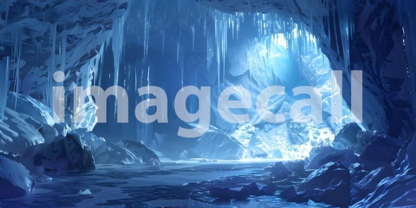 A Frozen Cathedral: A Majestic Ice Cave with Icicles and a Serene Landscape