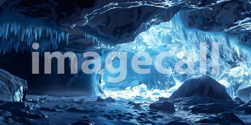 A Frozen Cathedral: A Majestic Ice Cave with Icicles and a Serene Landscape