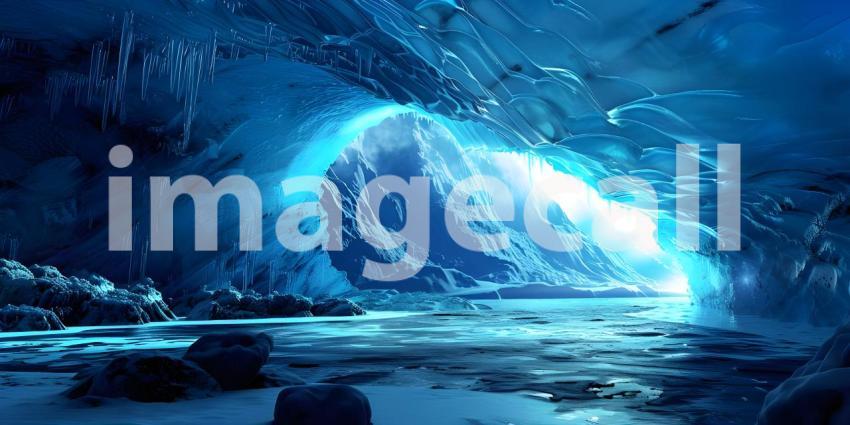 A Frozen Cathedral: A Majestic Ice Cave with Icicles and a Serene Landscape