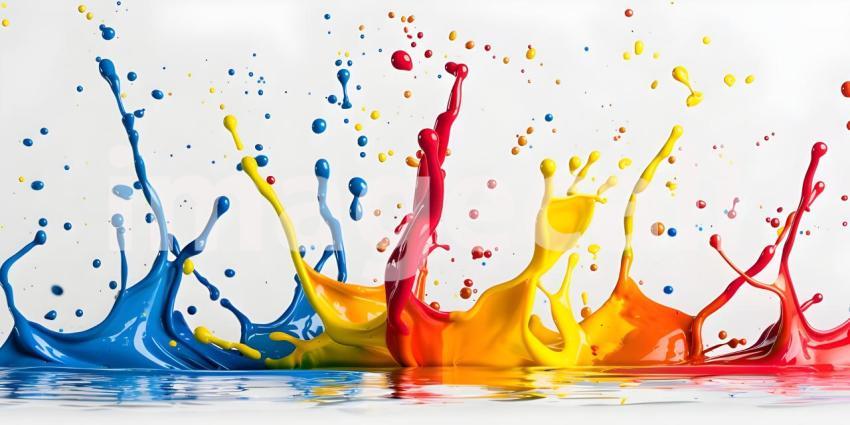 A Symphony of Colors: A Dynamic Splash of Blue, Orange, and Purple Paint