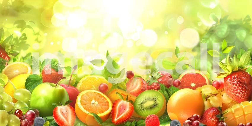 A Bountiful Harvest: A Colorful Arrangement of Fresh Fruits and Lush Greenery