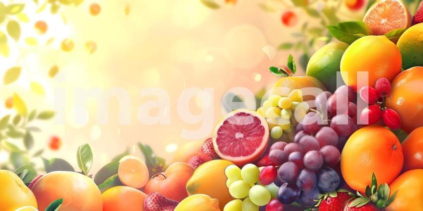 A Bountiful Harvest: A Colorful Arrangement of Fresh Fruits and Lush Greenery