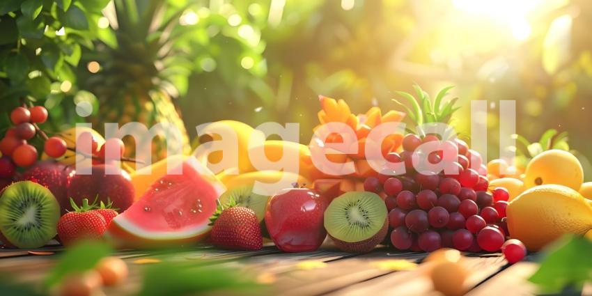 A Bountiful Harvest: A Colorful Arrangement of Fresh Fruits and Lush Greenery