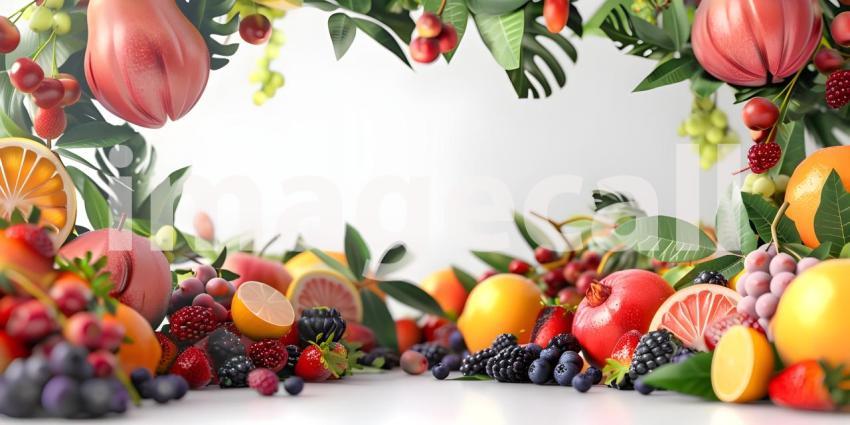 A Bountiful Harvest: A Colorful Arrangement of Fresh Fruits and Lush Greenery