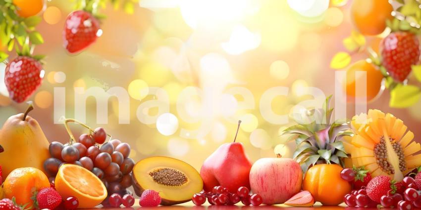 A Bountiful Harvest: A Colorful Arrangement of Fresh Fruits and Lush Greenery