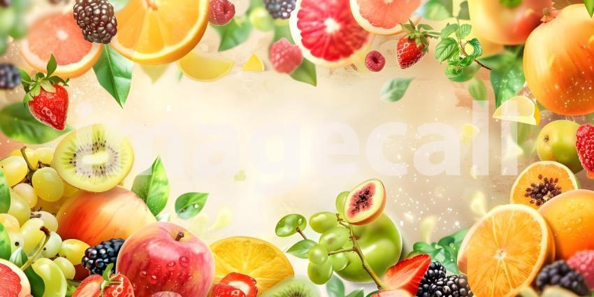 A Bountiful Harvest: A Colorful Arrangement of Fresh Fruits and Lush Greenery