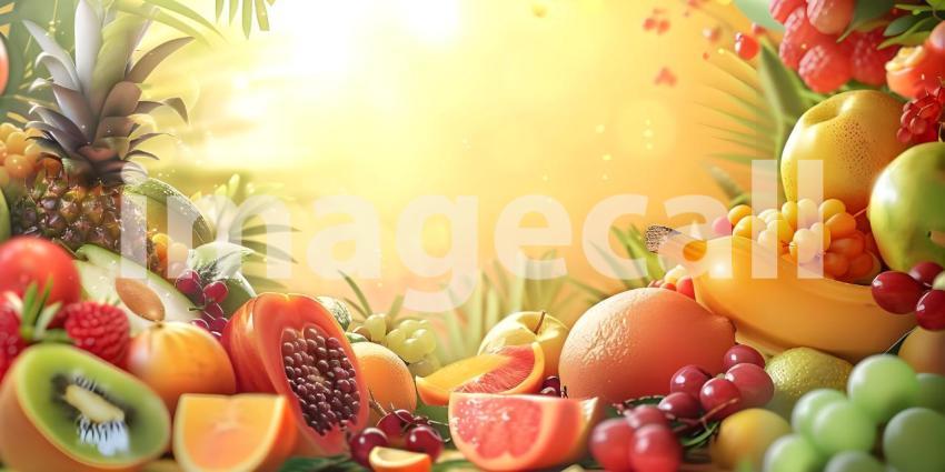 A Bountiful Harvest: A Colorful Arrangement of Fresh Fruits and Lush Greenery