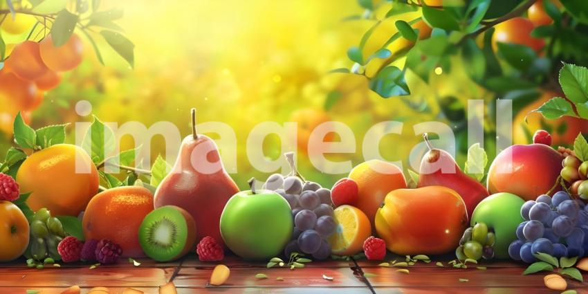 A Bountiful Harvest: A Colorful Arrangement of Fresh Fruits and Lush Greenery