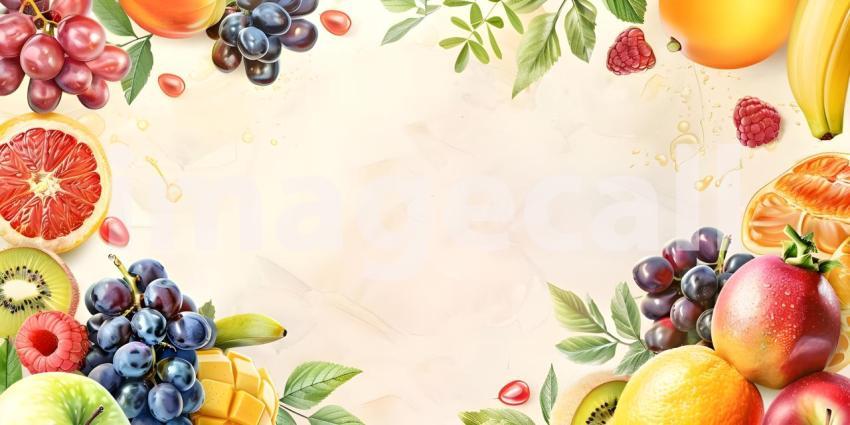 A Bountiful Harvest: A Colorful Arrangement of Fresh Fruits and Lush Greenery