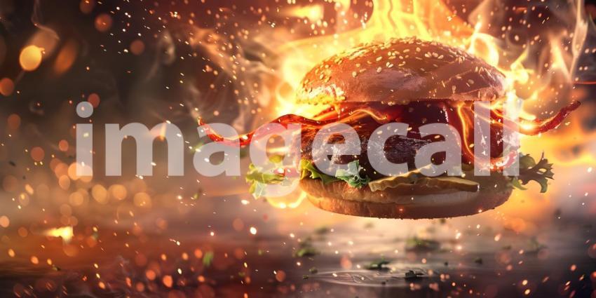 Flames of Flavor: A Burger Engulfed in a Fiery Inferno of Deliciousness