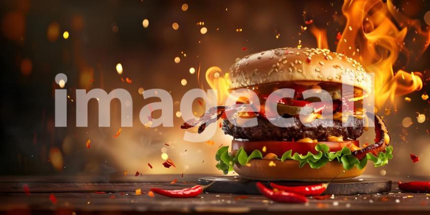 Flames of Flavor: A Burger Engulfed in a Fiery Inferno of Deliciousness