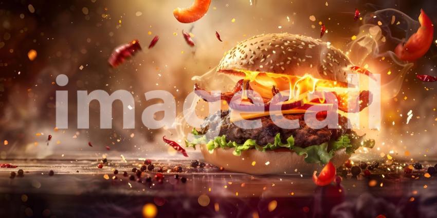 Flames of Flavor: A Burger Engulfed in a Fiery Inferno of Deliciousness