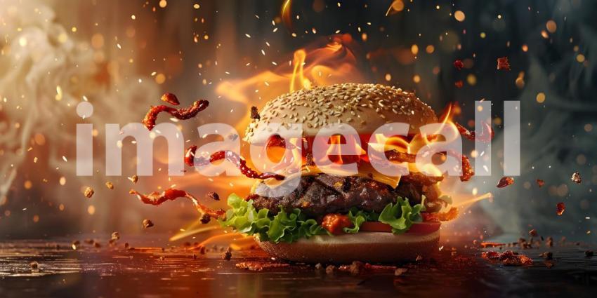 Flames of Flavor: A Burger Engulfed in a Fiery Inferno of Deliciousness