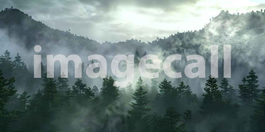 Enveloped in Mist: A Serene Mountain Landscape Shrouded in Clouds