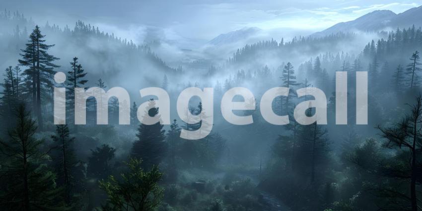 Enveloped in Mist: A Serene Mountain Landscape Shrouded in Clouds