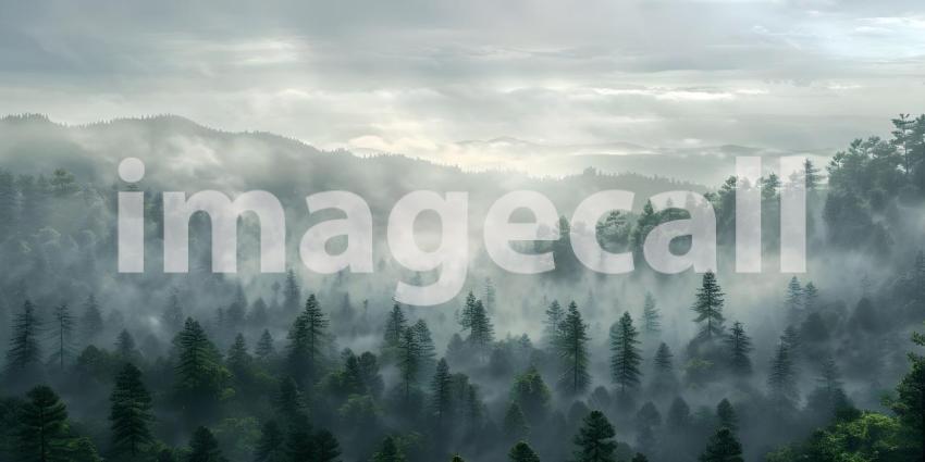 Enveloped in Mist: A Serene Mountain Landscape Shrouded in Clouds