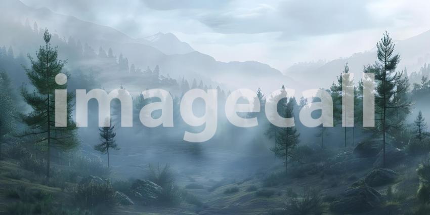Enveloped in Mist: A Serene Mountain Landscape Shrouded in Clouds