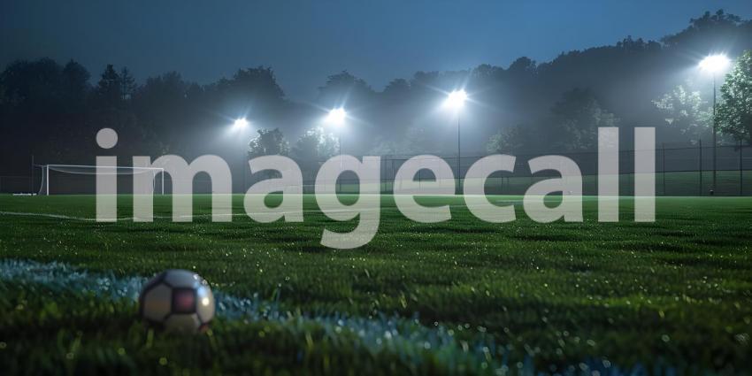 Nighttime Soccer: A Foggy Field Bathed in the Glow of Floodlights