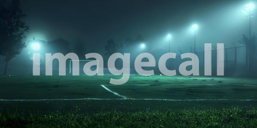 Nighttime Soccer: A Foggy Field Bathed in the Glow of Floodlights