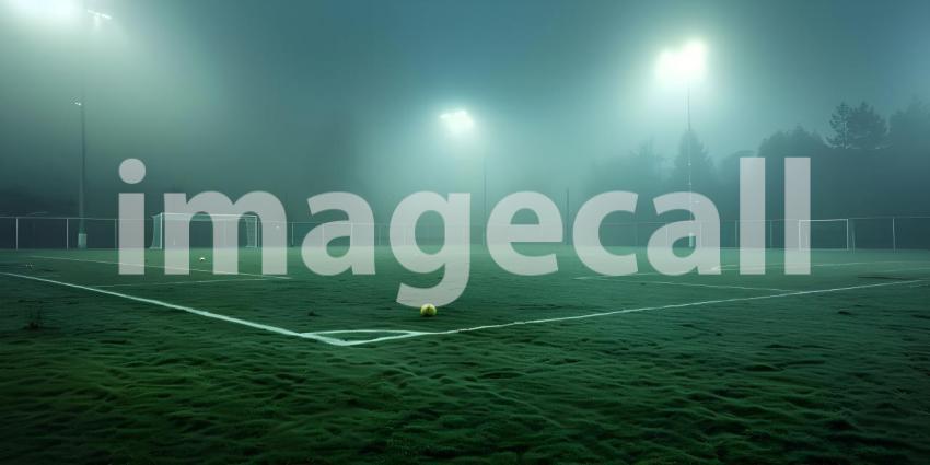 Nighttime Soccer: A Foggy Field Bathed in the Glow of Floodlights