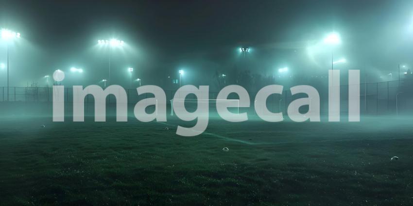 Nighttime Soccer: A Foggy Field Bathed in the Glow of Floodlights