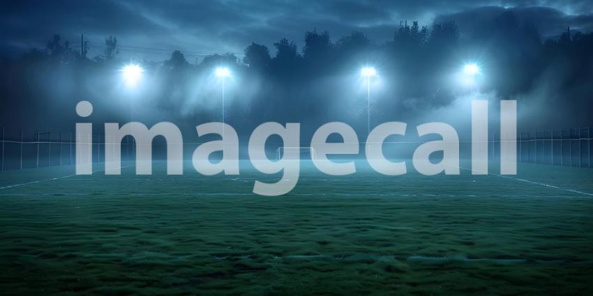 Nighttime Soccer: A Foggy Field Bathed in the Glow of Floodlights