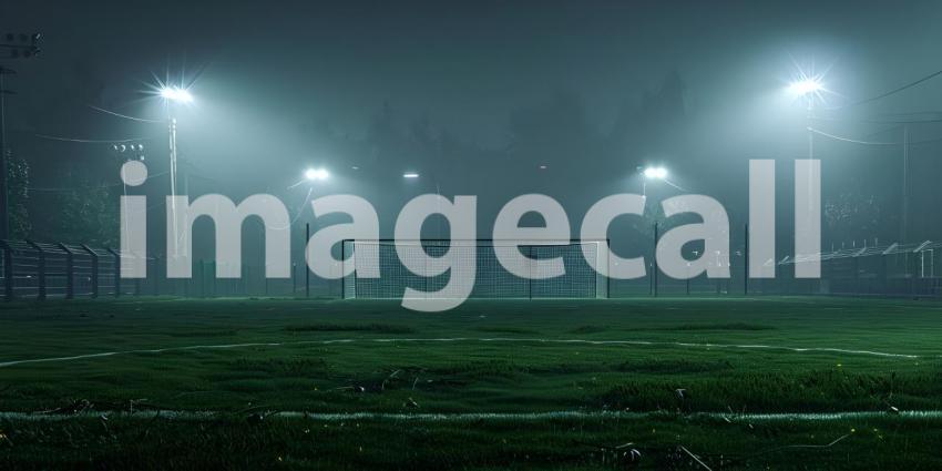 Nighttime Soccer: A Foggy Field Bathed in the Glow of Floodlights