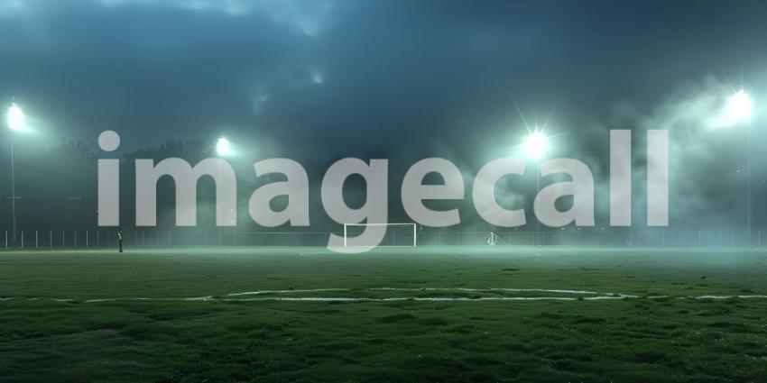 Nighttime Soccer: A Foggy Field Bathed in the Glow of Floodlights