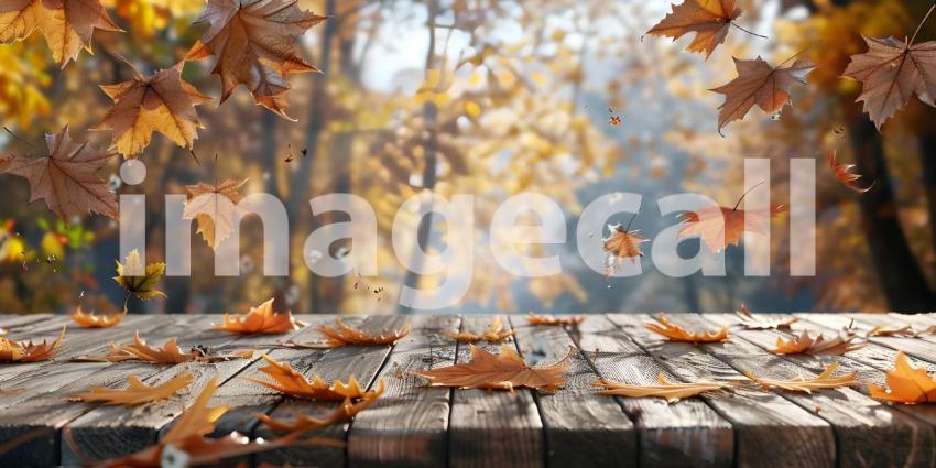 Autumnal Descent: A Rustic Tabletop Scene with Falling Leaves