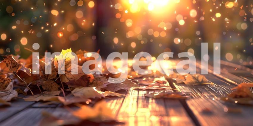 Autumnal Descent: A Rustic Tabletop Scene with Falling Leaves