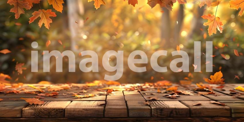 Autumnal Descent: A Rustic Tabletop Scene with Falling Leaves