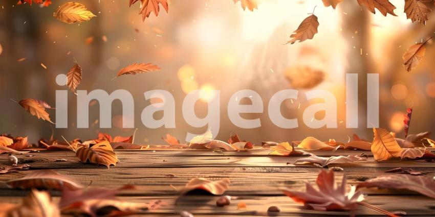 Autumnal Descent: A Rustic Tabletop Scene with Falling Leaves