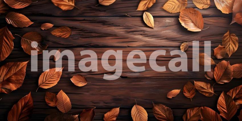 Autumnal Descent: A Rustic Tabletop Scene with Falling Leaves
