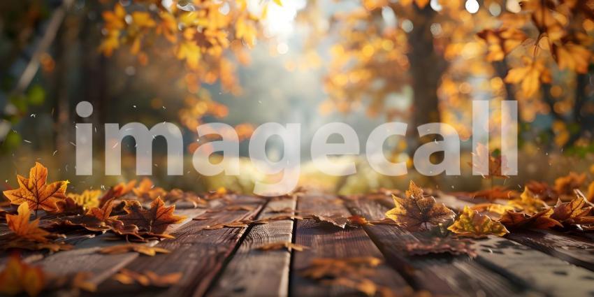 Autumnal Descent: A Rustic Tabletop Scene with Falling Leaves