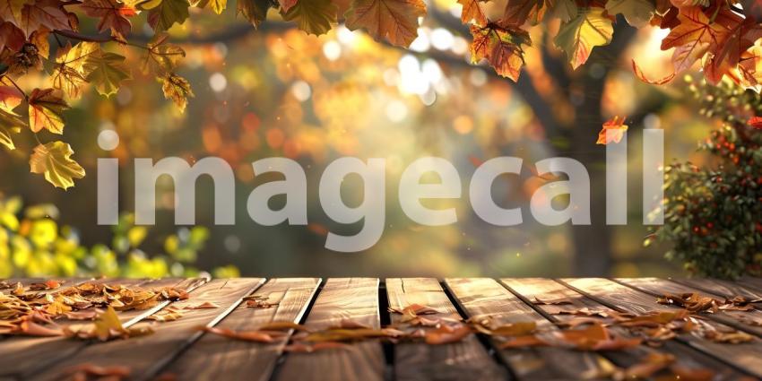 Autumnal Descent: A Rustic Tabletop Scene with Falling Leaves