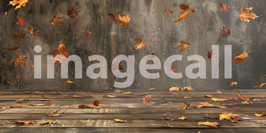 Autumnal Descent: A Rustic Tabletop Scene with Falling Leaves