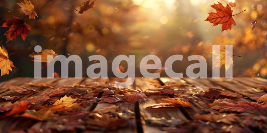 Autumnal Descent: A Rustic Tabletop Scene with Falling Leaves
