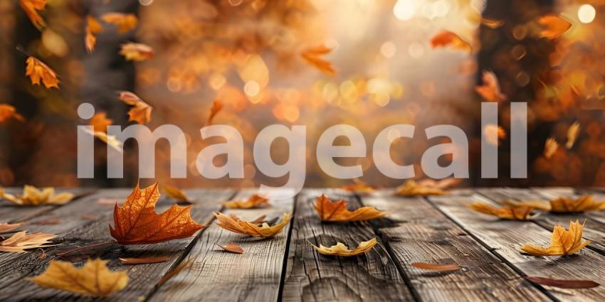 Autumnal Descent: A Rustic Tabletop Scene with Falling Leaves
