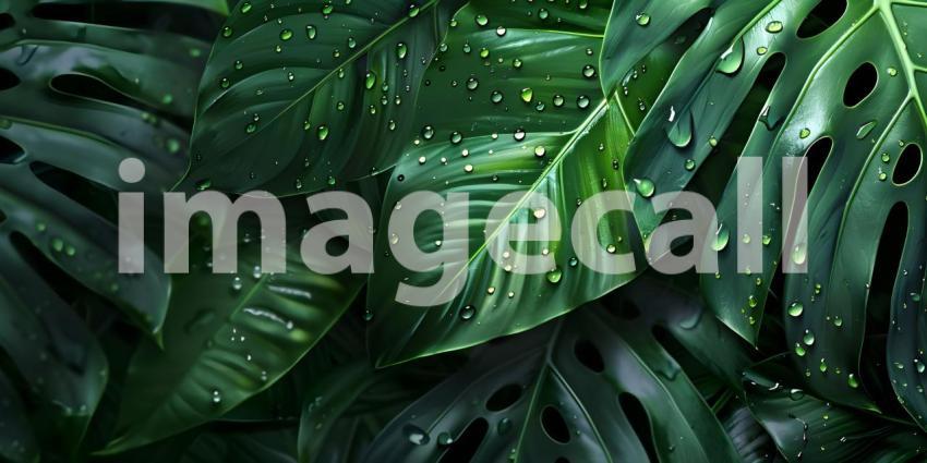 Tropical Dew Drops: A Lush Arrangement of Leafy Greens with Water Droplets