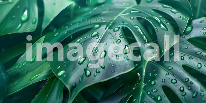 Tropical Dew Drops: A Lush Arrangement of Leafy Greens with Water Droplets