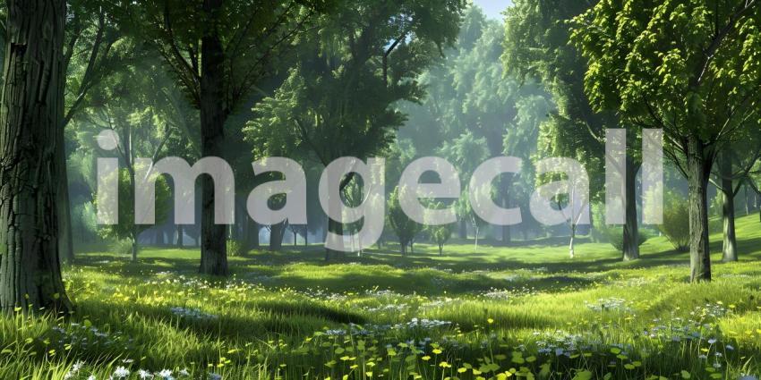 Sun-Dappled Forest: A Luminous Meadow Bathed in Sunlight