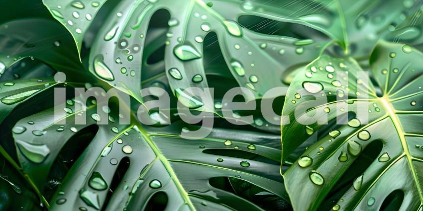 Tropical Dew Drops: A Lush Arrangement of Leafy Greens with Water Droplets