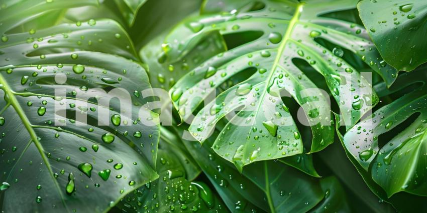 Tropical Dew Drops: A Lush Arrangement of Leafy Greens with Water Droplets