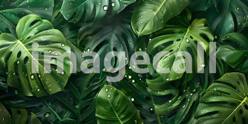 Tropical Dew Drops: A Lush Arrangement of Leafy Greens with Water Droplets