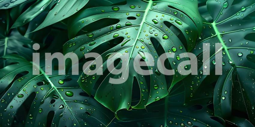 Tropical Dew Drops: A Lush Arrangement of Leafy Greens with Water Droplets