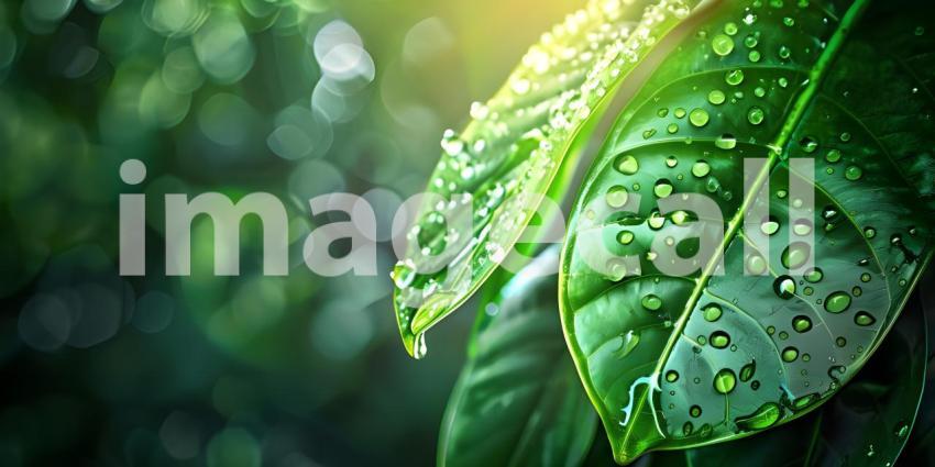 Tropical Dew Drops: A Lush Arrangement of Leafy Greens with Water Droplets