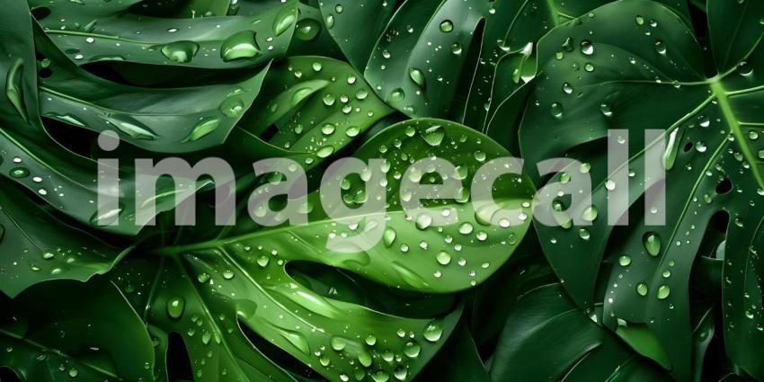 Tropical Dew Drops: A Lush Arrangement of Leafy Greens with Water Droplets