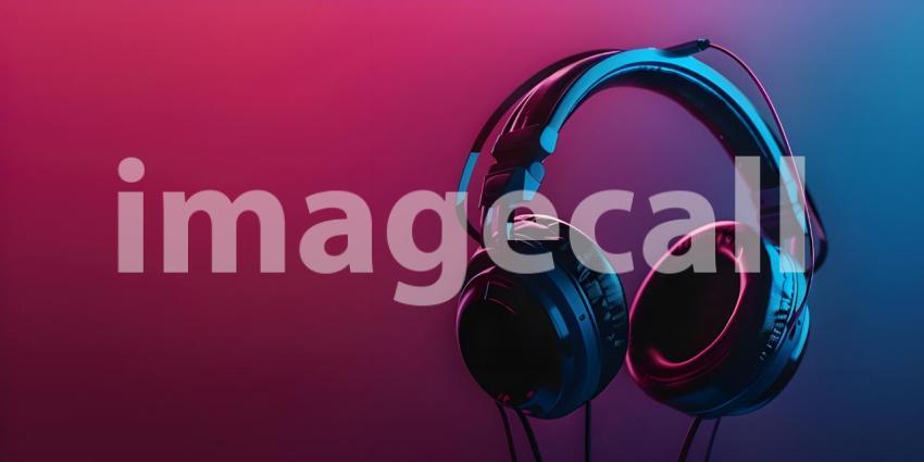 Neon Glow: A Vibrant Pair of Headphones Illuminated by Pink and Blue Lights