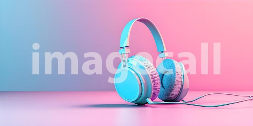 Neon Glow: A Vibrant Pair of Headphones Illuminated by Pink and Blue Lights