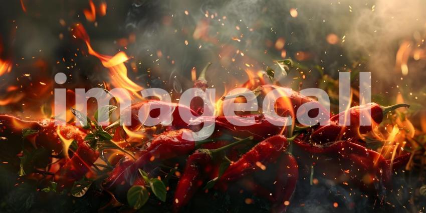 Fiery Inferno: A Pile of Chili Peppers Engulfed in Flames